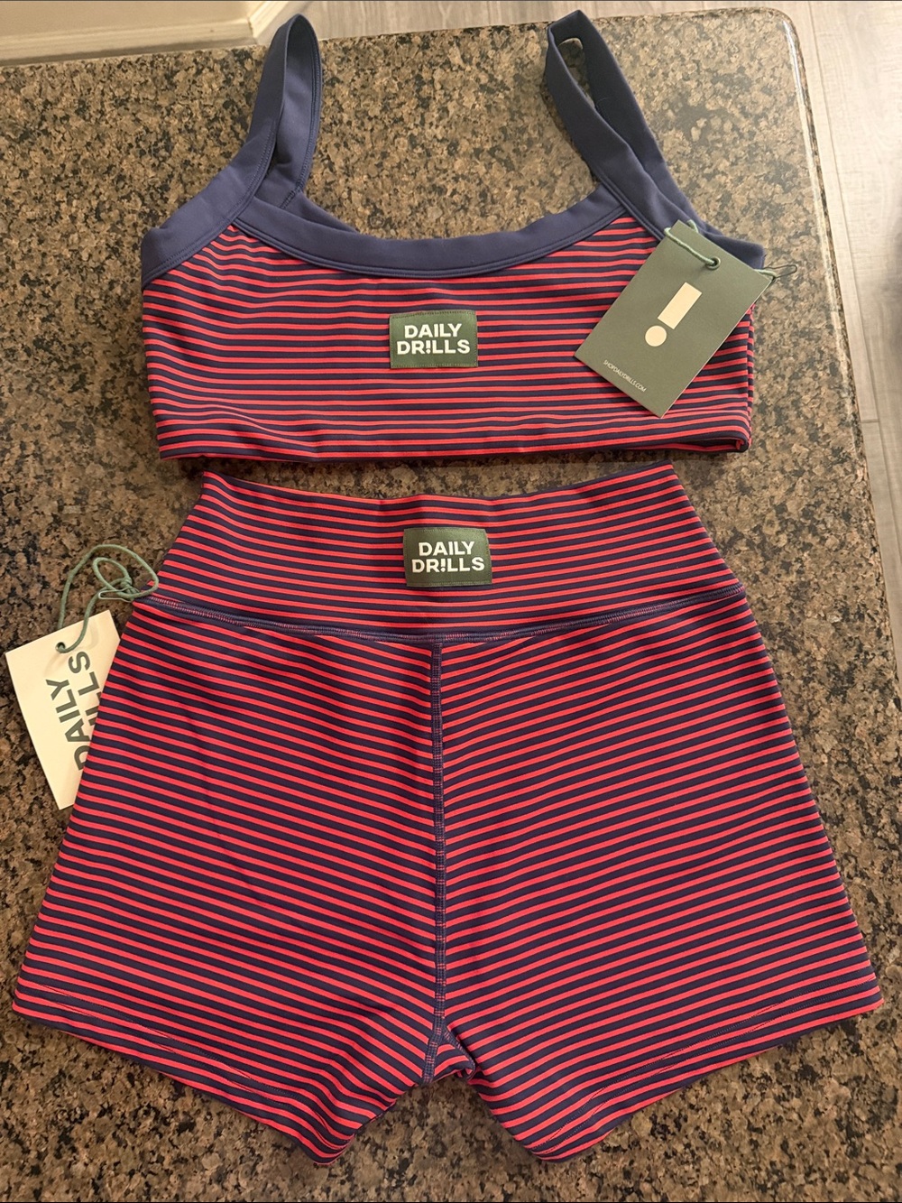 Daily Drills Navy and Red Striped Active Set - sports bra & shorts